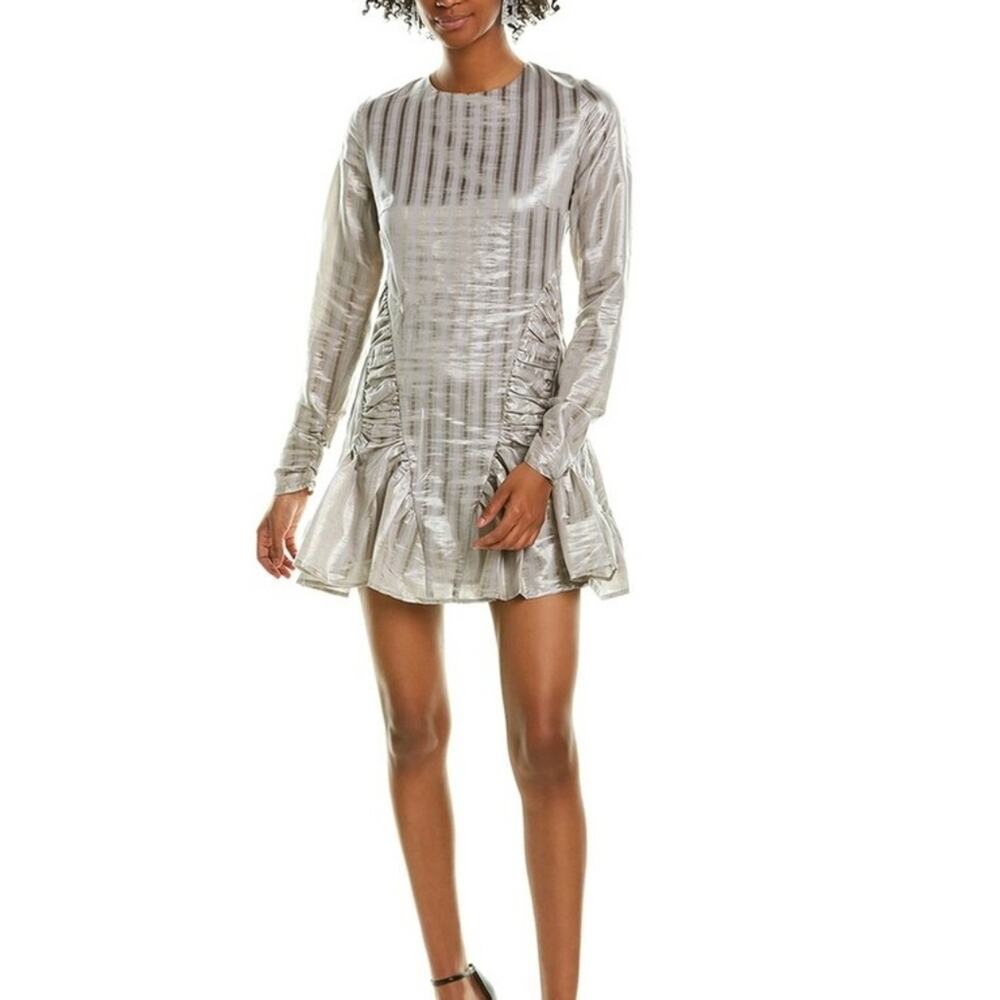 Atoir Revolve Walk Me Home Metallic Silver Ruched Ruffle Mini Dress US 6 AU 10